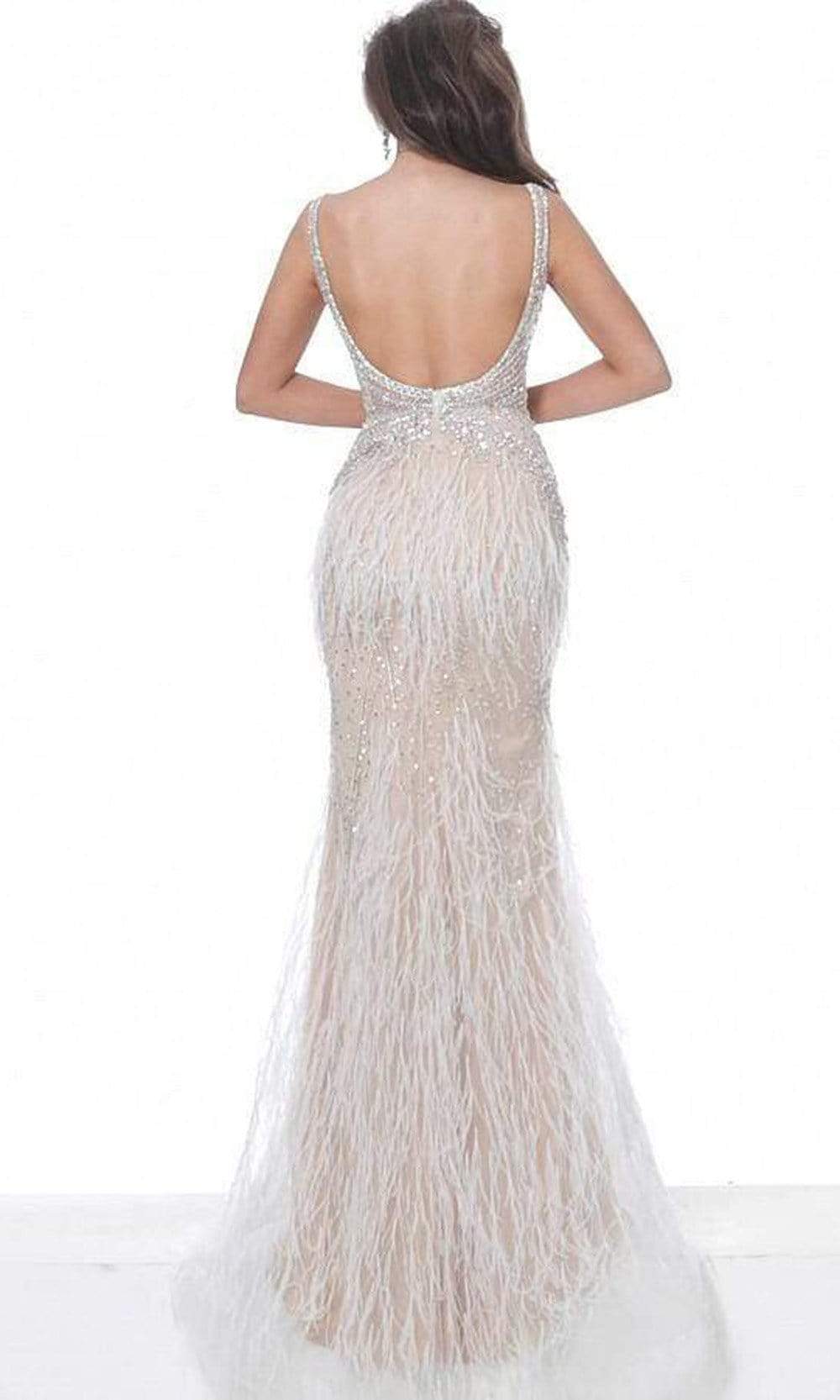 Jovani - 03023 Sheer Bodice Beaded Adorned Feather Fitted Evening Gown - view 5