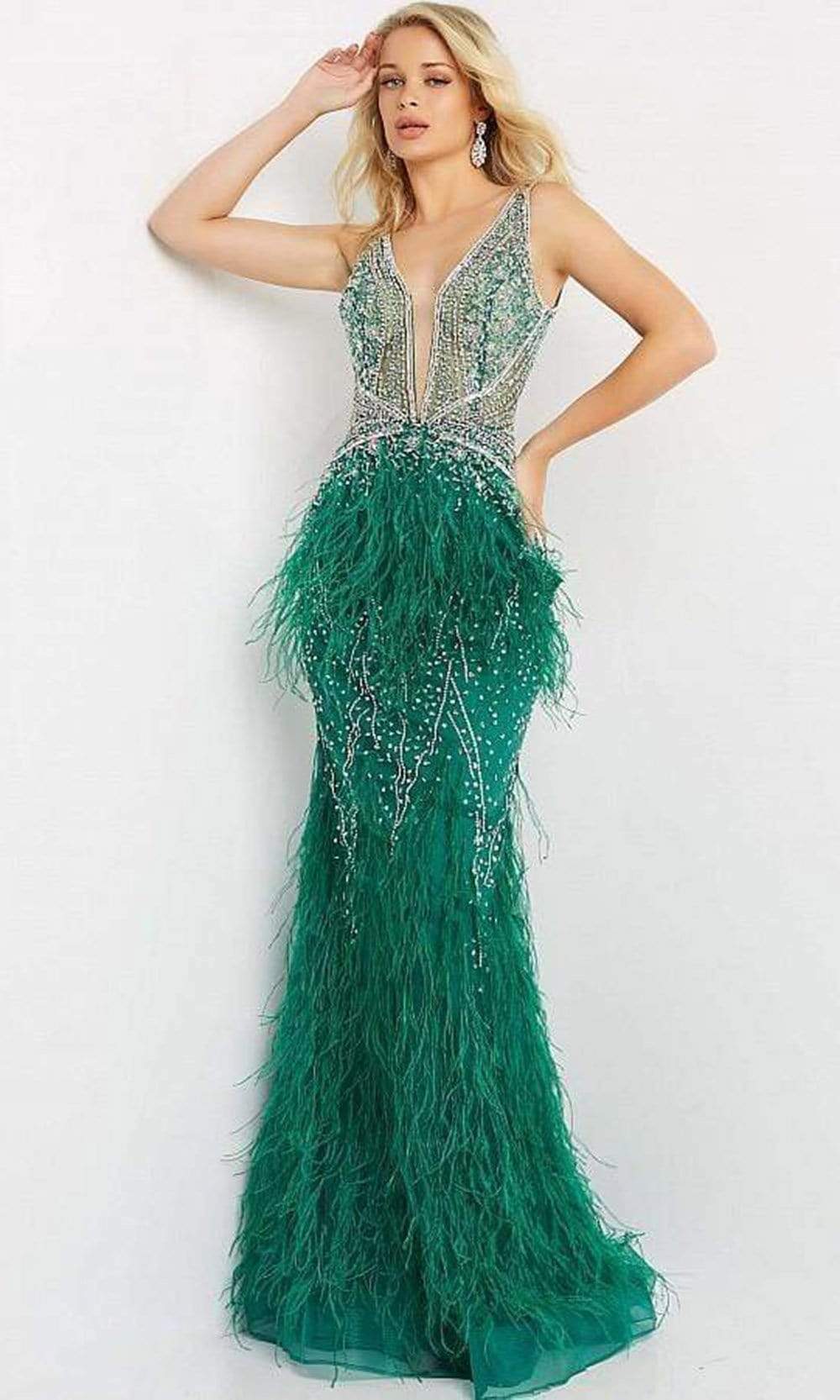 Jovani - 03023 Sheer Bodice Beaded Adorned Feather Fitted Evening Gown - view 10