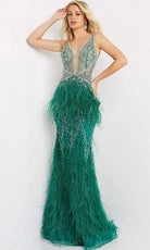 Jovani - 03023 Sheer Bodice Beaded Adorned Feather Fitted Evening Gown - view 10