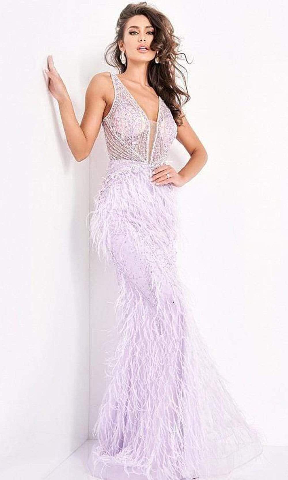 Jovani - 03023 Sheer Bodice Beaded Adorned Feather Fitted Evening Gown - view 6