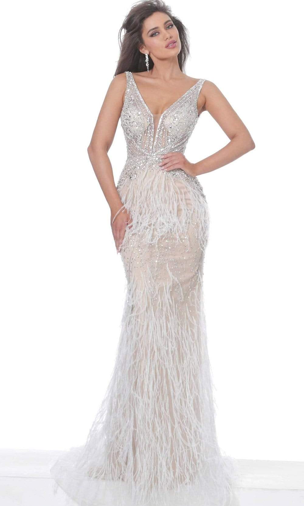 Jovani - 03023 Sheer Bodice Beaded Adorned Feather Fitted Evening Gown - view 4
