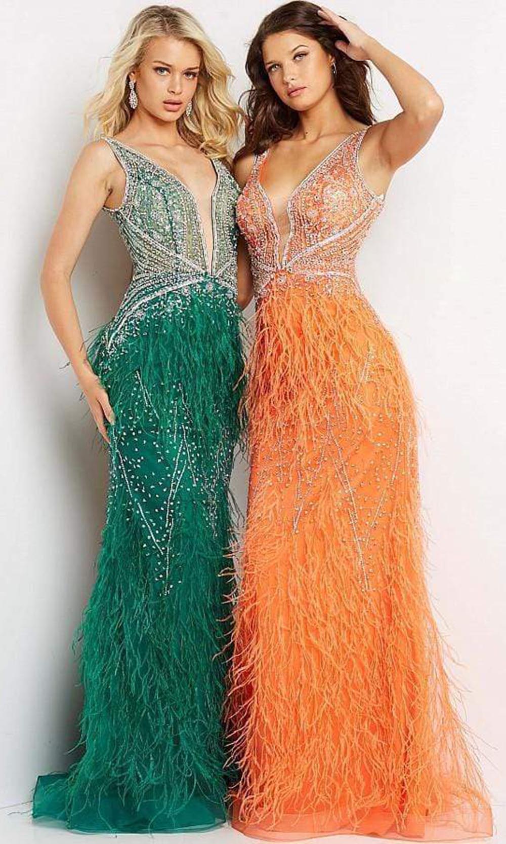 Jovani - 03023 Sheer Bodice Beaded Adorned Feather Fitted Evening Gown - view 12