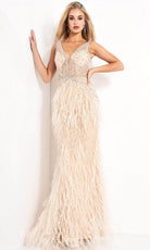 Jovani - 03023 Sheer Bodice Beaded Adorned Feather Fitted Evening Gown - detail view