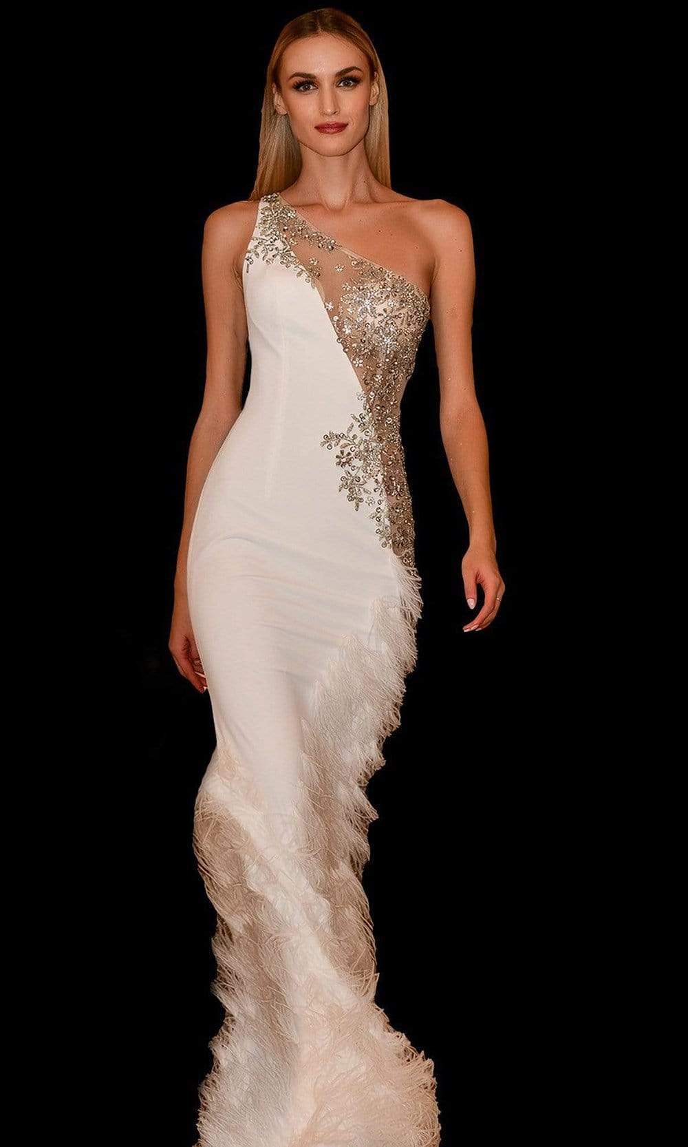 Jovani - 03389 Asymmetric Beaded Sheer Trumpet Gown - designer prom dress at Silhouette Dresses