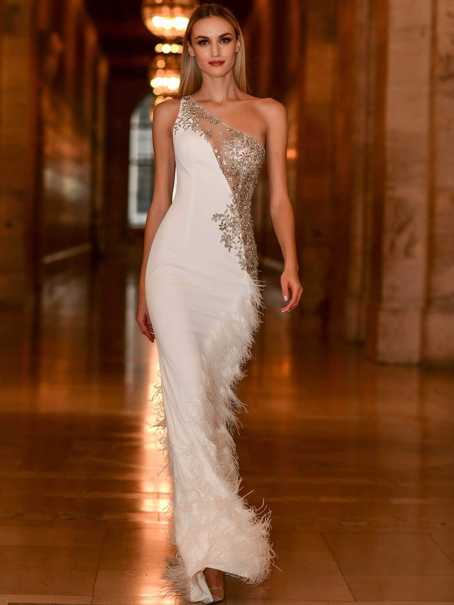 Jovani - 03389 Asymmetric Beaded Sheer Trumpet Gown - back view
