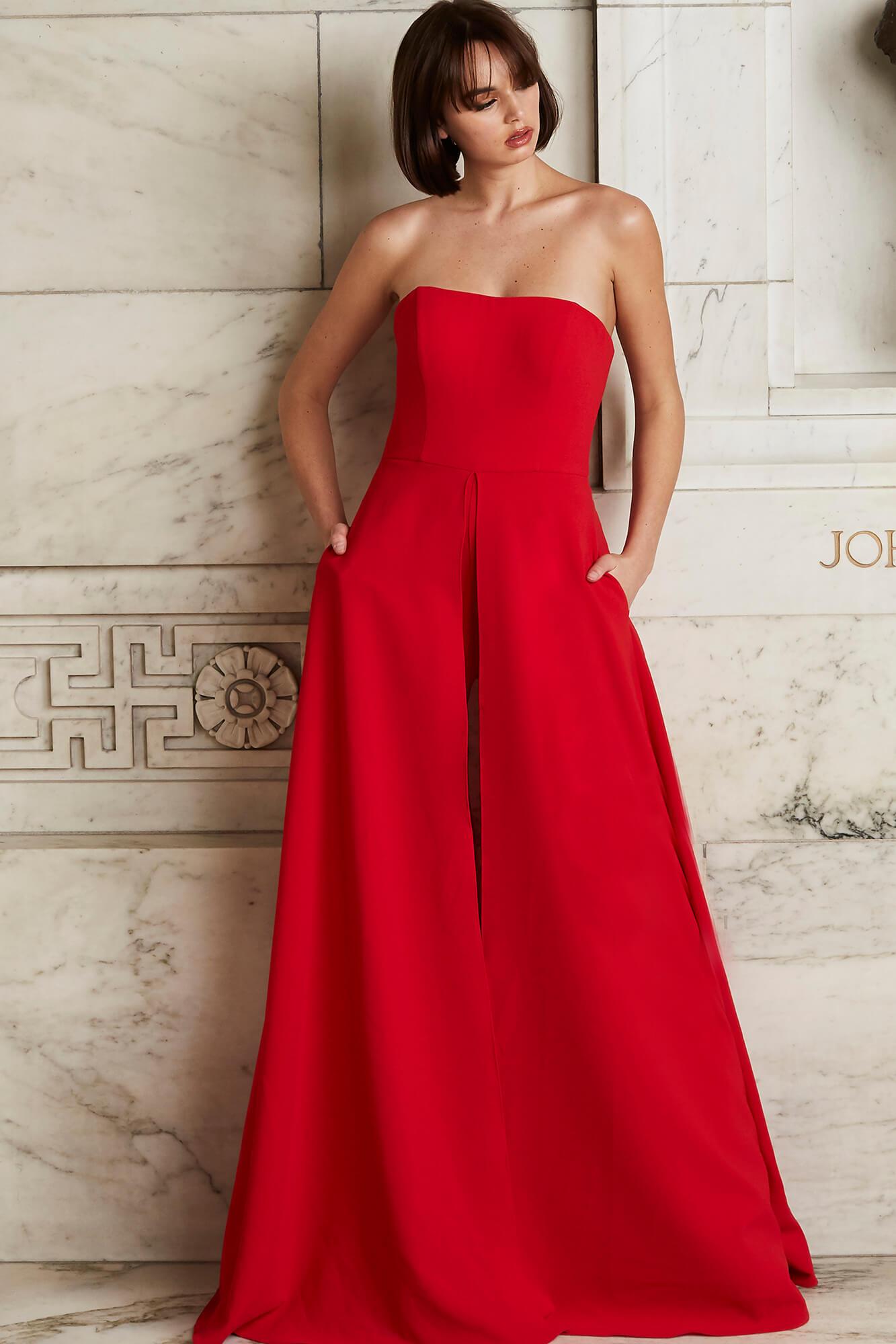 Jovani - 03529 Strapless Wide Leg Formal Evening Jumpsuit With Overlay - back view