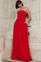 Jovani - 03529 Strapless Wide Leg Formal Evening Jumpsuit With Overlay - designer formal jumpsuit at Silhouette Dresses
