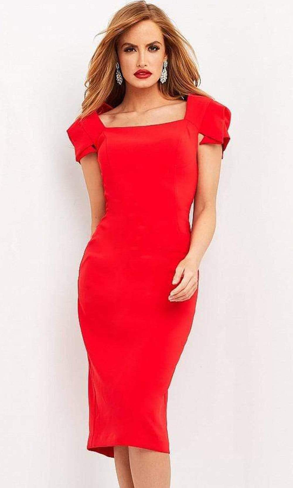 Jovani - 03808 Square Neck Simple Midi Dress - back view