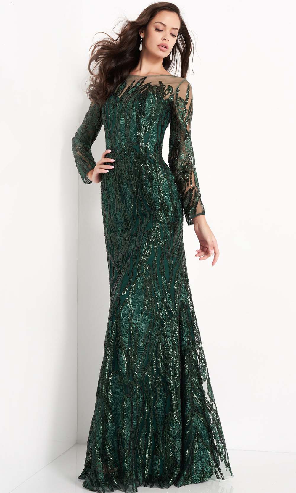 Jovani - 03936 Sequined Long Sleeve Sheath Dress - back view