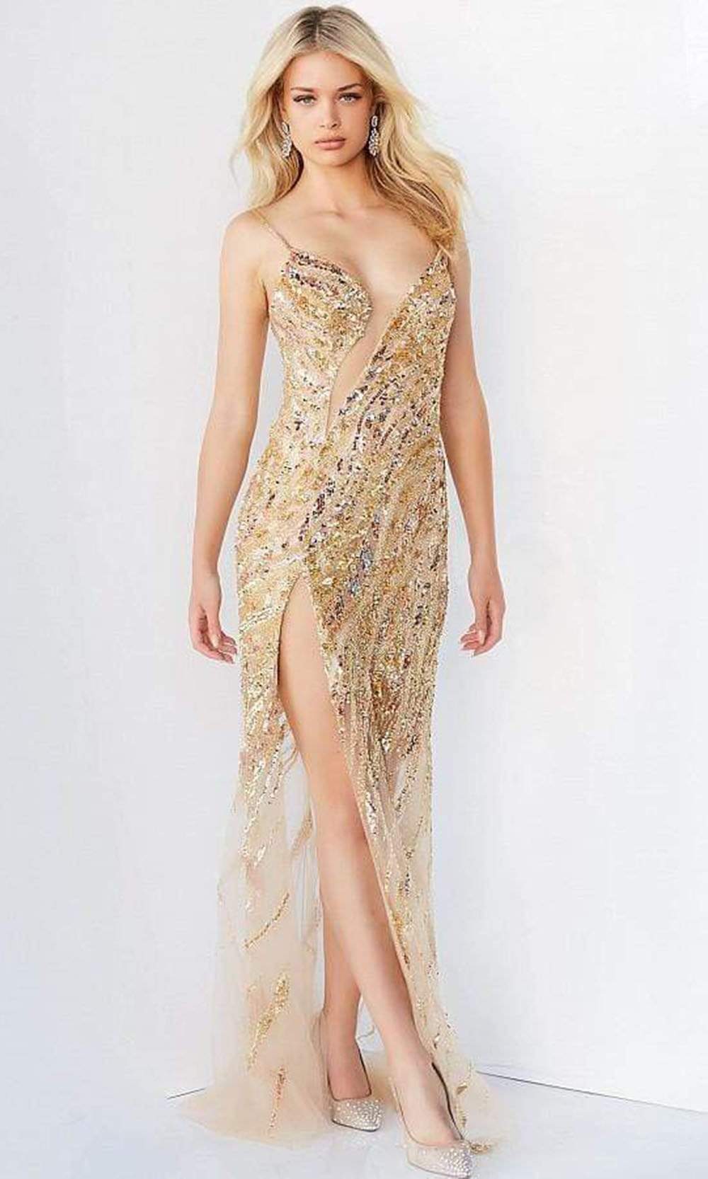 Jovani - 04195 Bejeweled Slit Cut Out Long Gown - designer prom dress at Silhouette Dresses