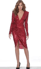 Jovani - 04257 Plunging V Neck Full Sequins Fitted Cocktail Dress - designer formal gown at Silhouette Dresses