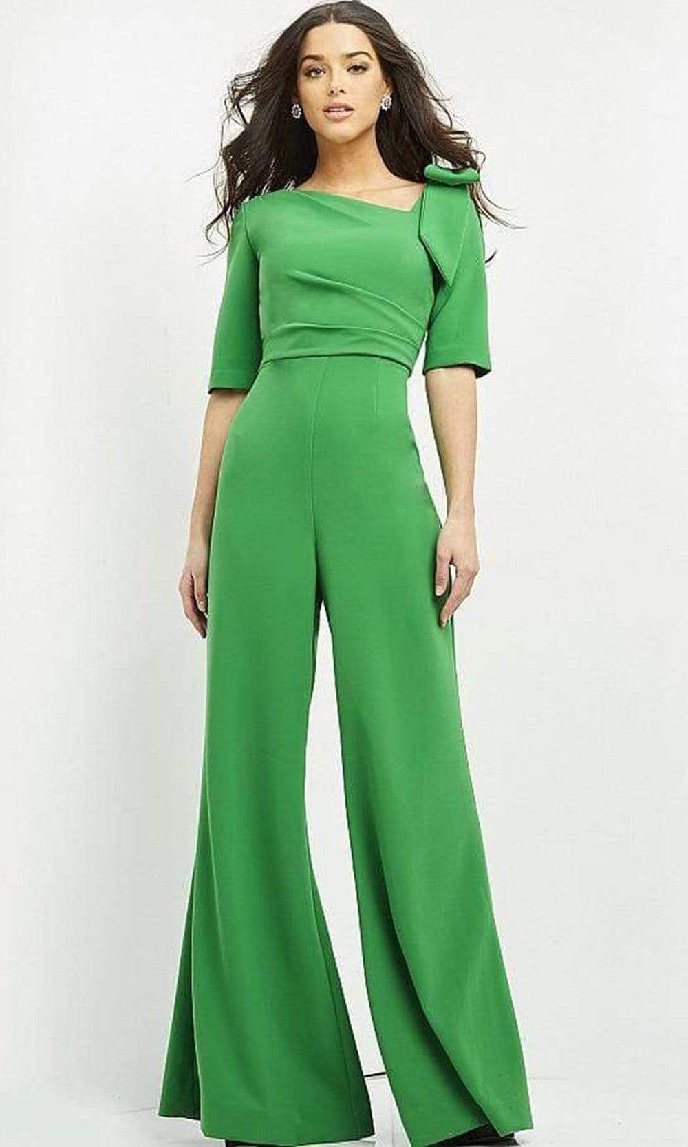 Jovani - 04284 Bow Shoulder Asymmetric Jumpsuit - detail view