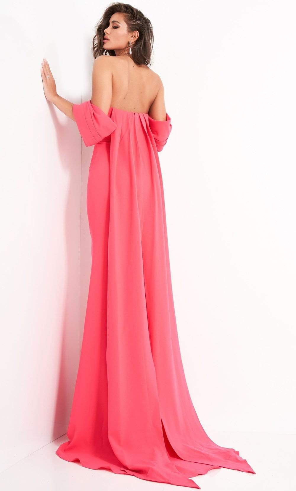Jovani - 04350 Off Shoulder Crepe Evening Dress With Long Cape - back view