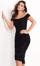Jovani - 04763 Off-Shoulder Textured Lace Sheath Knee-Length Dress - designer homecoming dress at Silhouette Dresses