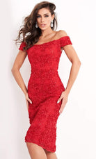 Jovani - 04763 Off-Shoulder Textured Lace Sheath Knee-Length Dress - detail view