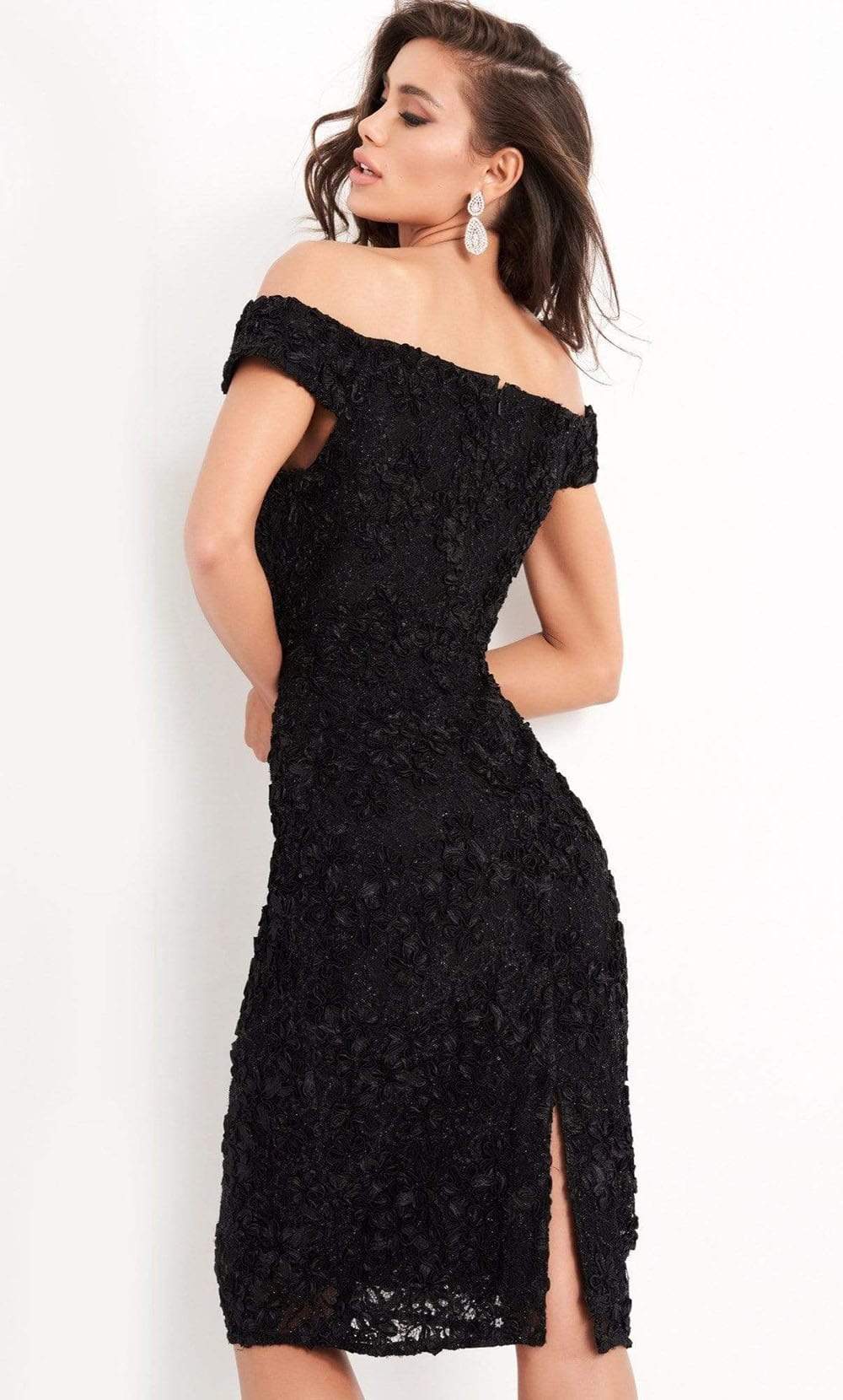 Jovani - 04763 Off-Shoulder Textured Lace Sheath Knee-Length Dress - back view