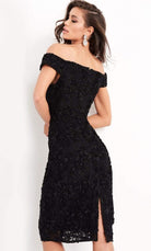 Jovani - 04763 Off-Shoulder Textured Lace Sheath Knee-Length Dress - back view