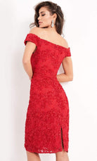Jovani - 04763 Off-Shoulder Textured Lace Sheath Knee-Length Dress - view 4