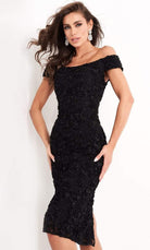 Jovani - 04763 Off-Shoulder Textured Lace Sheath Knee-Length Dress - view 7