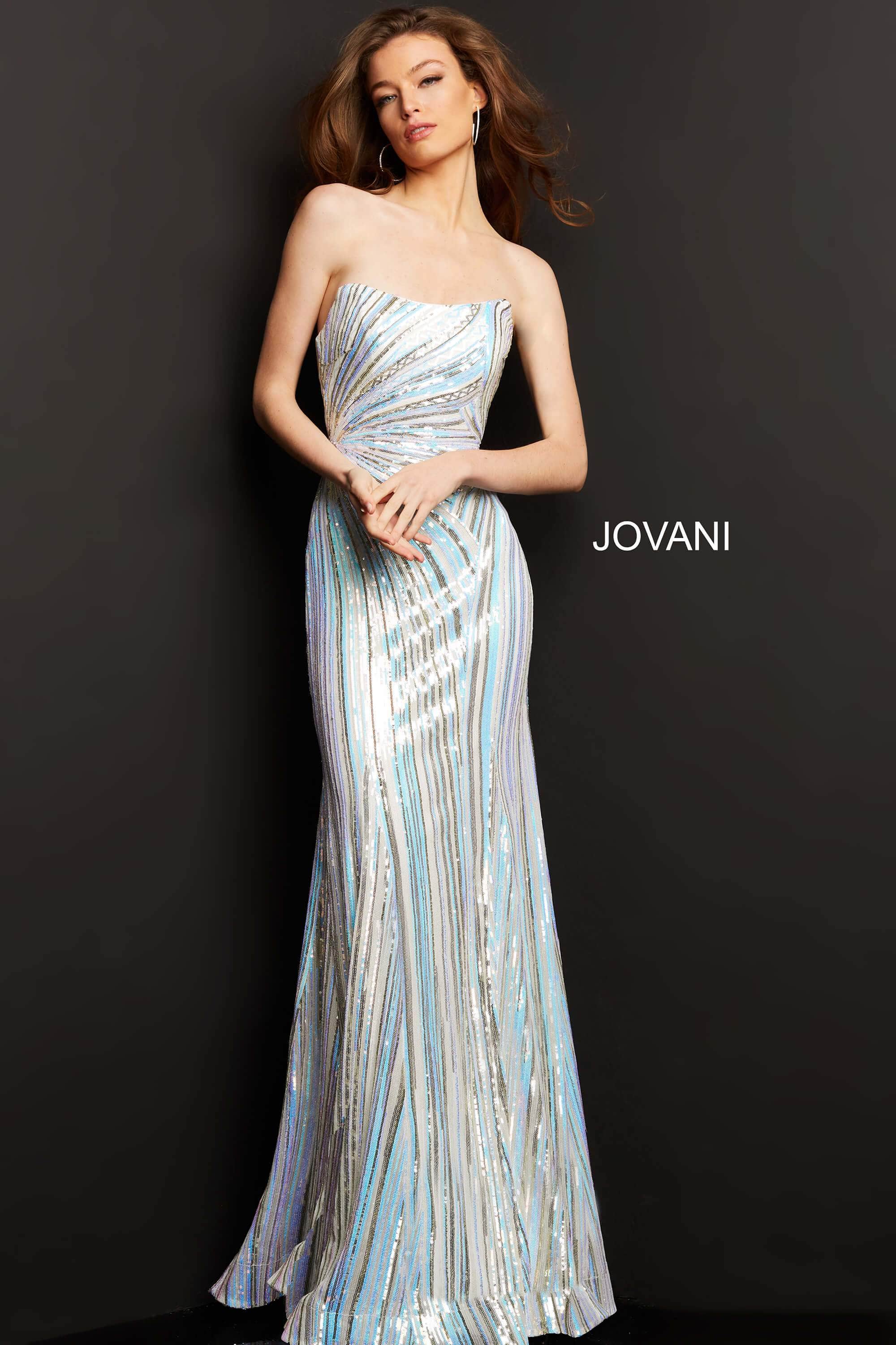 Jovani - 04810 Strapless Geometric Sequined Dress - detail view