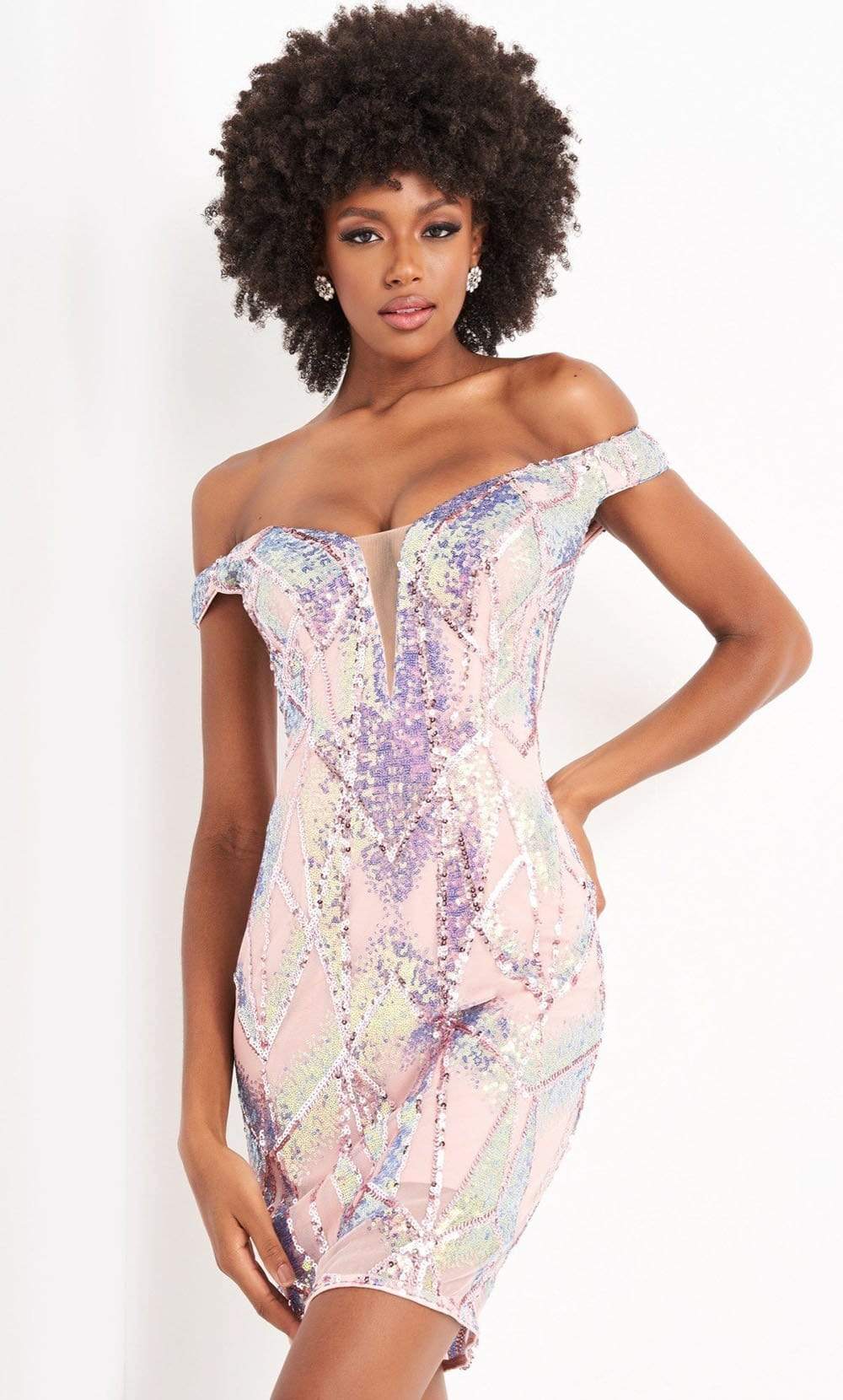 Jovani - 05101 Illusion Plunging Neck Off Shoulder Embellished Dress - designer homecoming dress at Silhouette Dresses