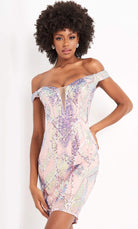 Jovani - 05101 Illusion Plunging Neck Off Shoulder Embellished Dress - designer homecoming dress at Silhouette Dresses