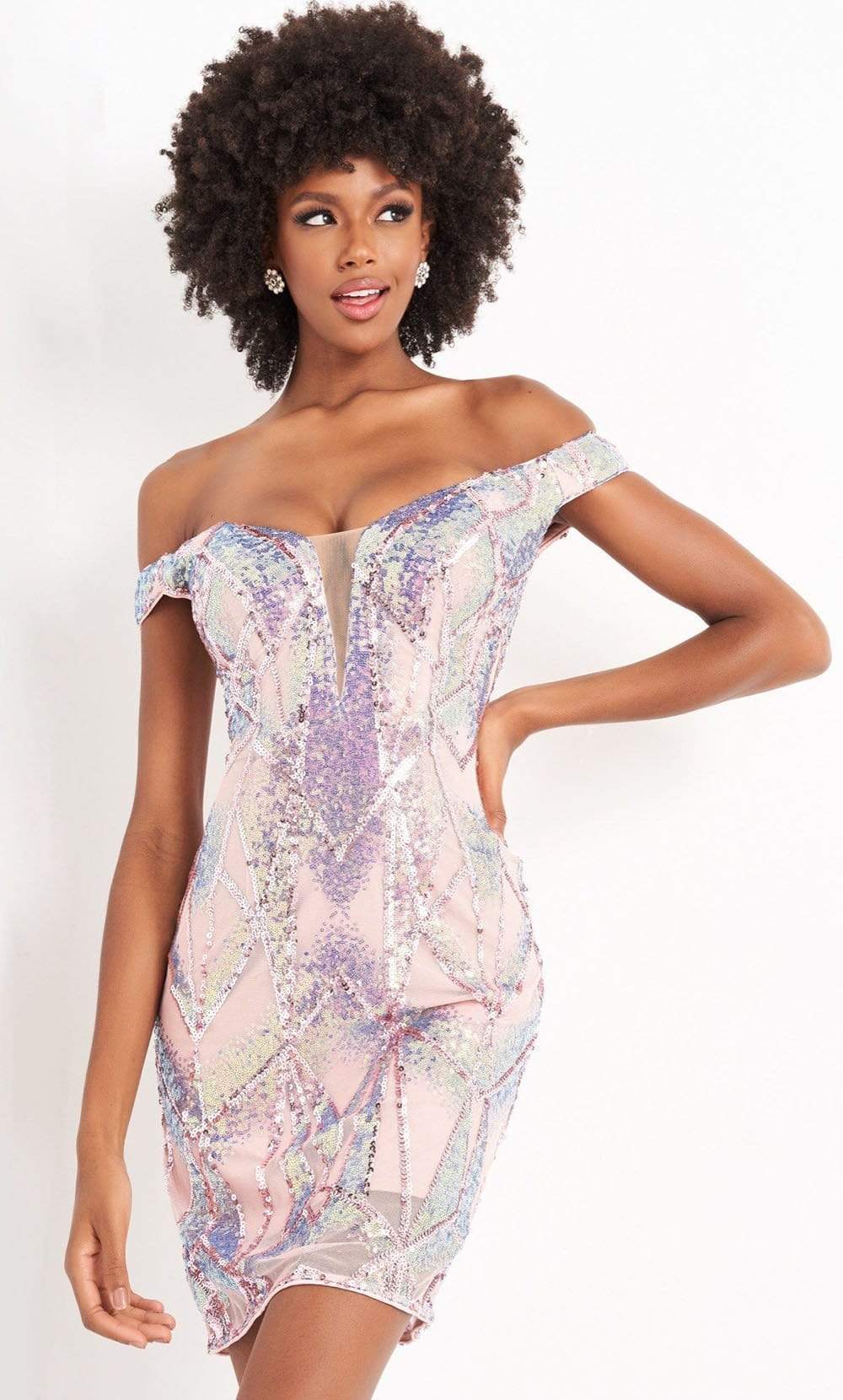 Jovani - 05101 Illusion Plunging Neck Off Shoulder Embellished Dress - detail view