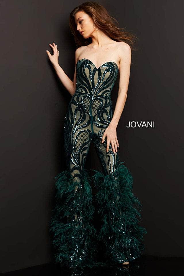 Jovani - 05669 Strapless Sweetheart Feathered Jumpsuit - view 5