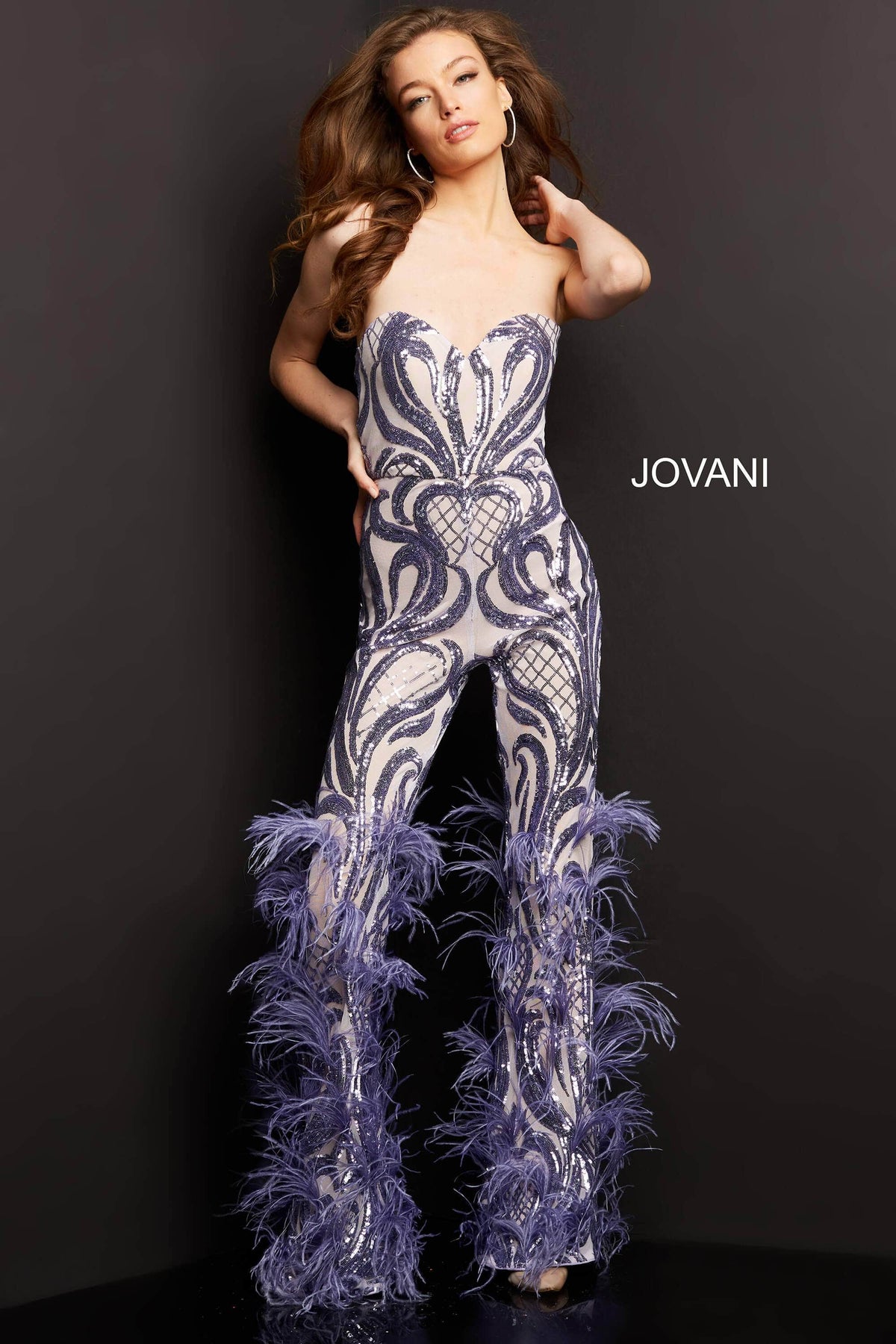 Jovani - 05669 Strapless Sweetheart Feathered Jumpsuit - view 8