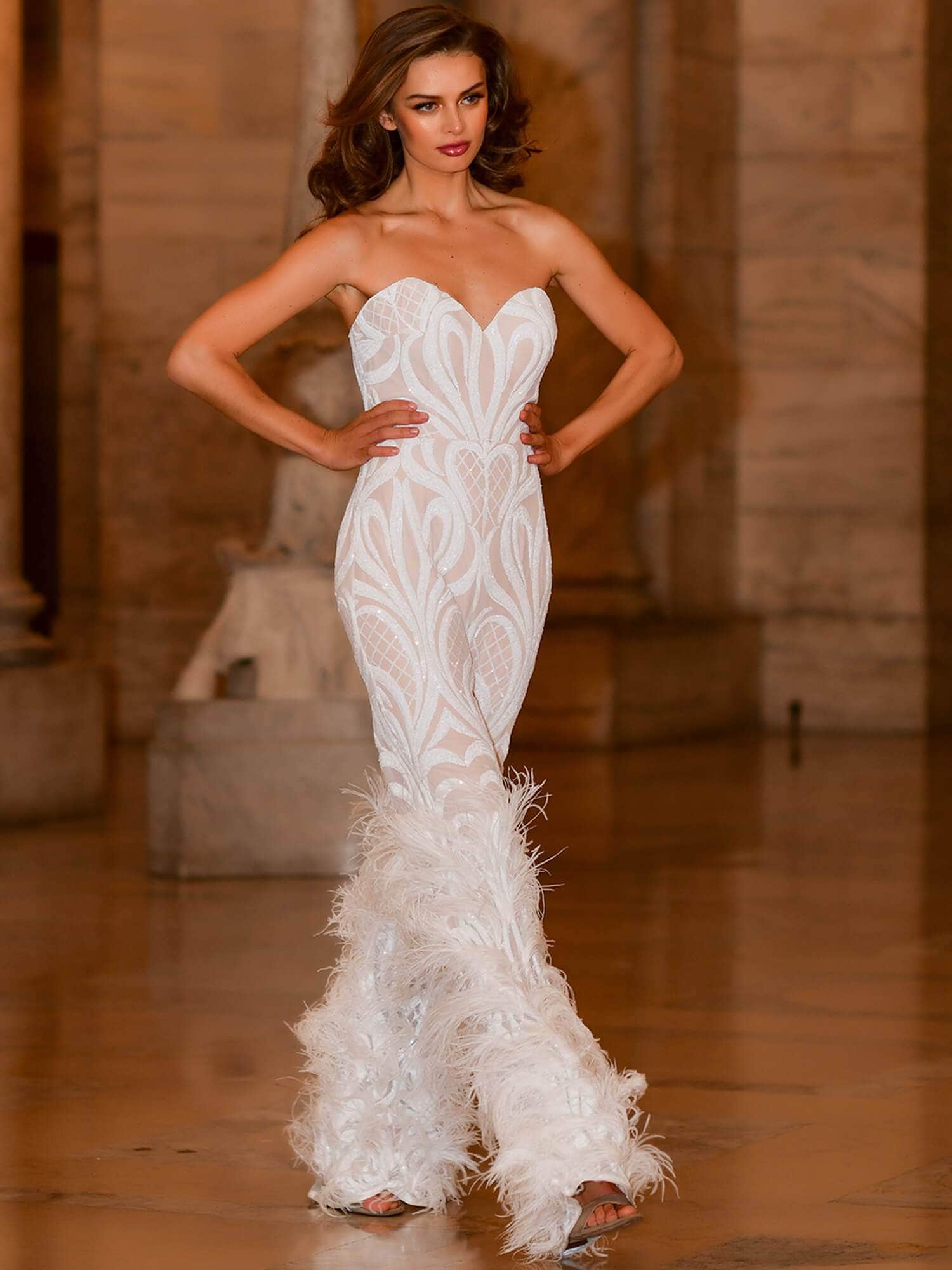 Jovani - 05669 Strapless Sweetheart Feathered Jumpsuit - view 7