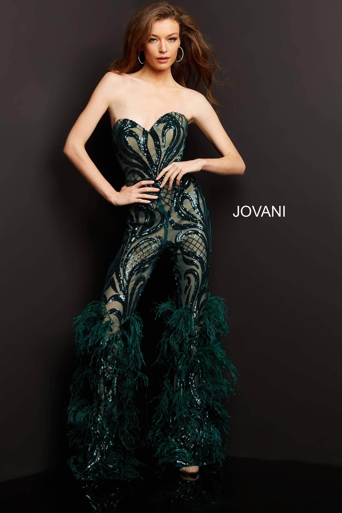 Jovani - 05669 Strapless Sweetheart Feathered Jumpsuit - detail view