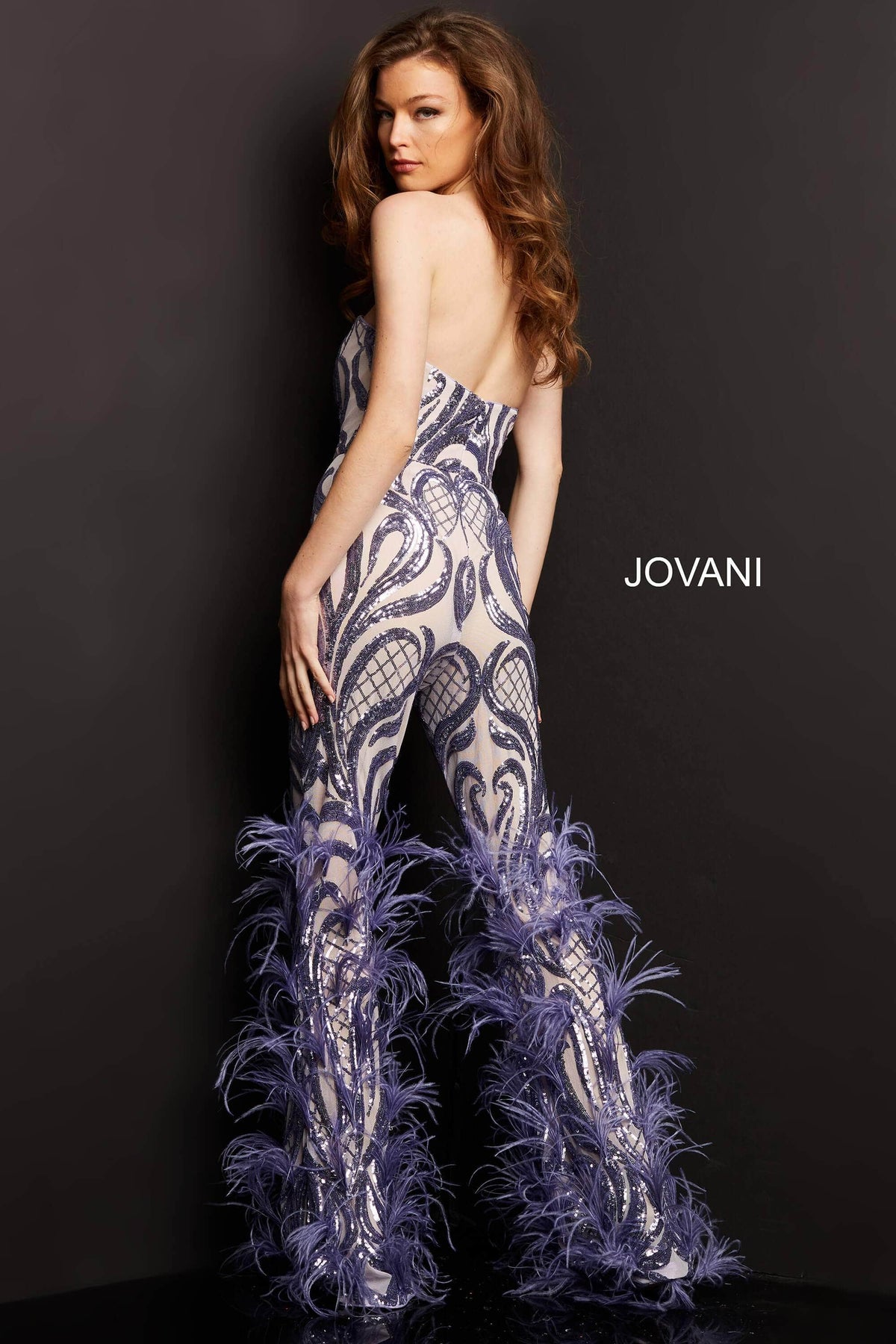 Jovani - 05669 Strapless Sweetheart Feathered Jumpsuit - view 10