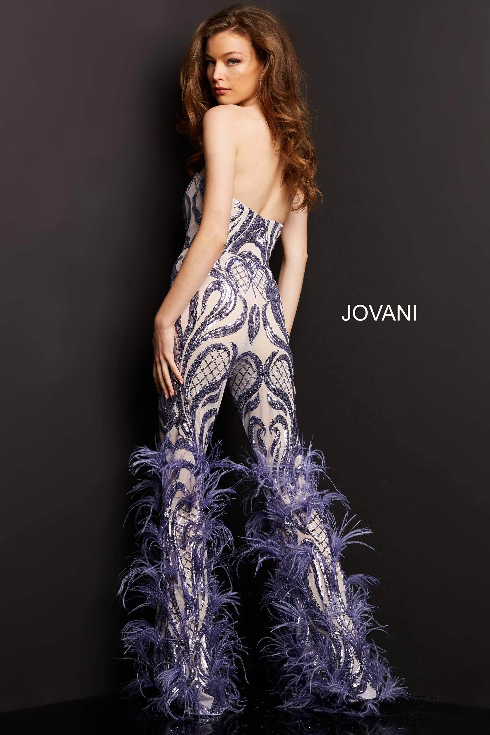 Jovani - 05669 Strapless Sweetheart Feathered Jumpsuit - view 9