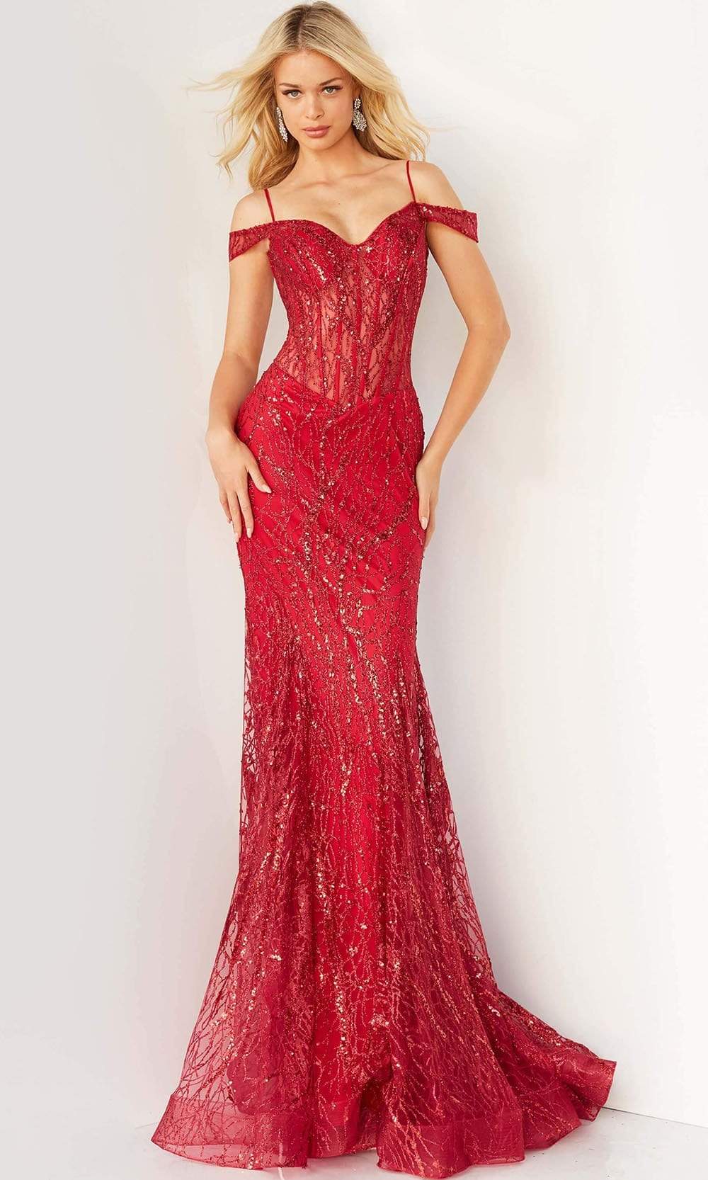 Jovani - 05838 Off Shoulder Glitter Mermaid Gown - back view