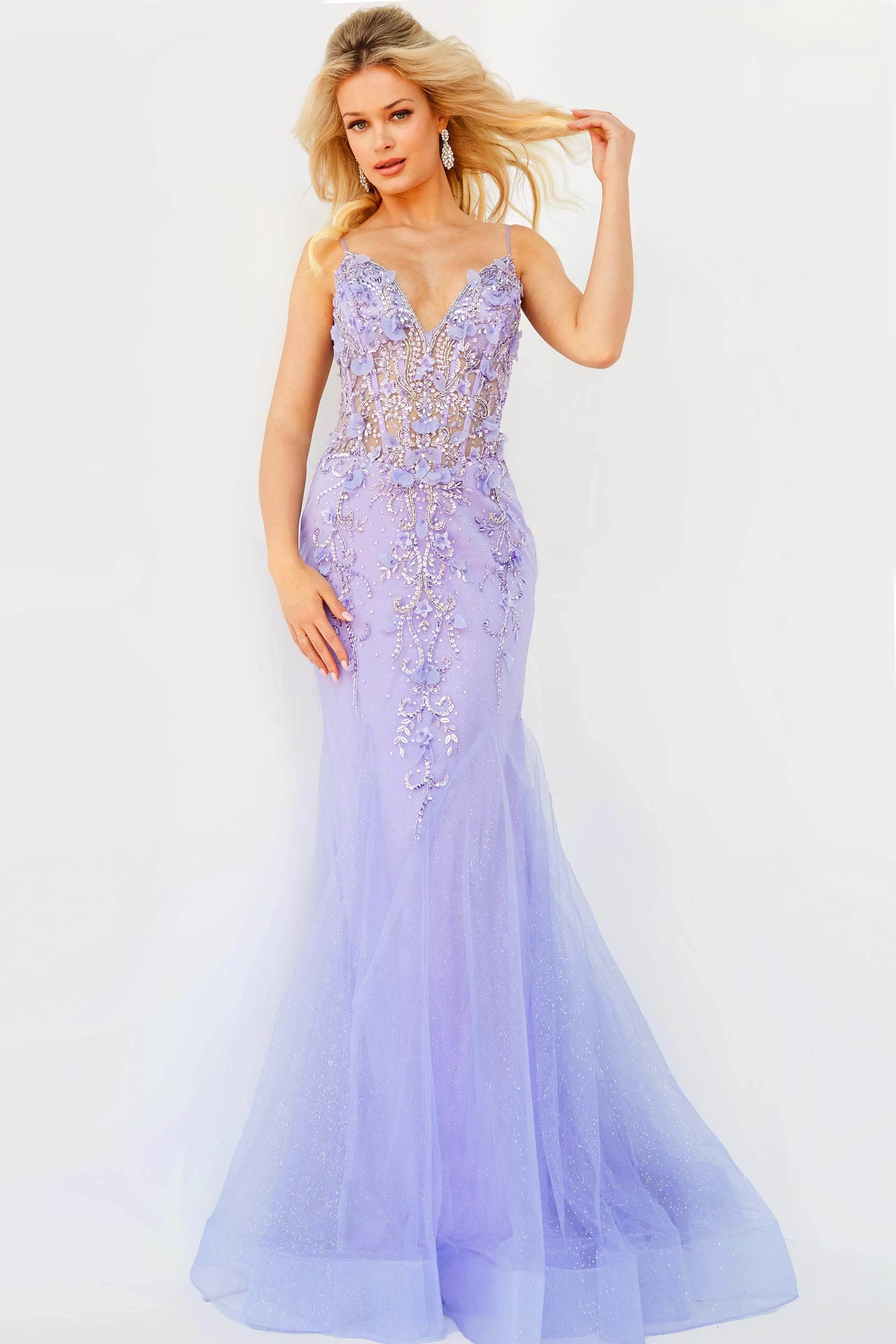 Jovani - 05839 Floral Applique Corset Bodice Prom Dress - back view