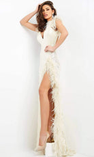 Jovani - 06164 Feather Trimmed High Slit Long Dress - designer prom dress at Silhouette Dresses