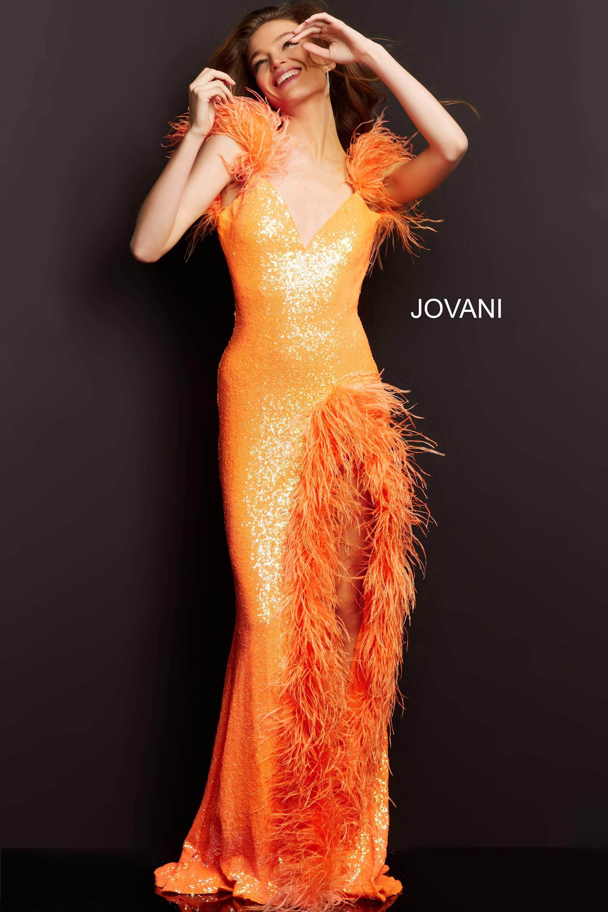 Jovani - 06164 Feather Trimmed High Slit Long Dress - view 10