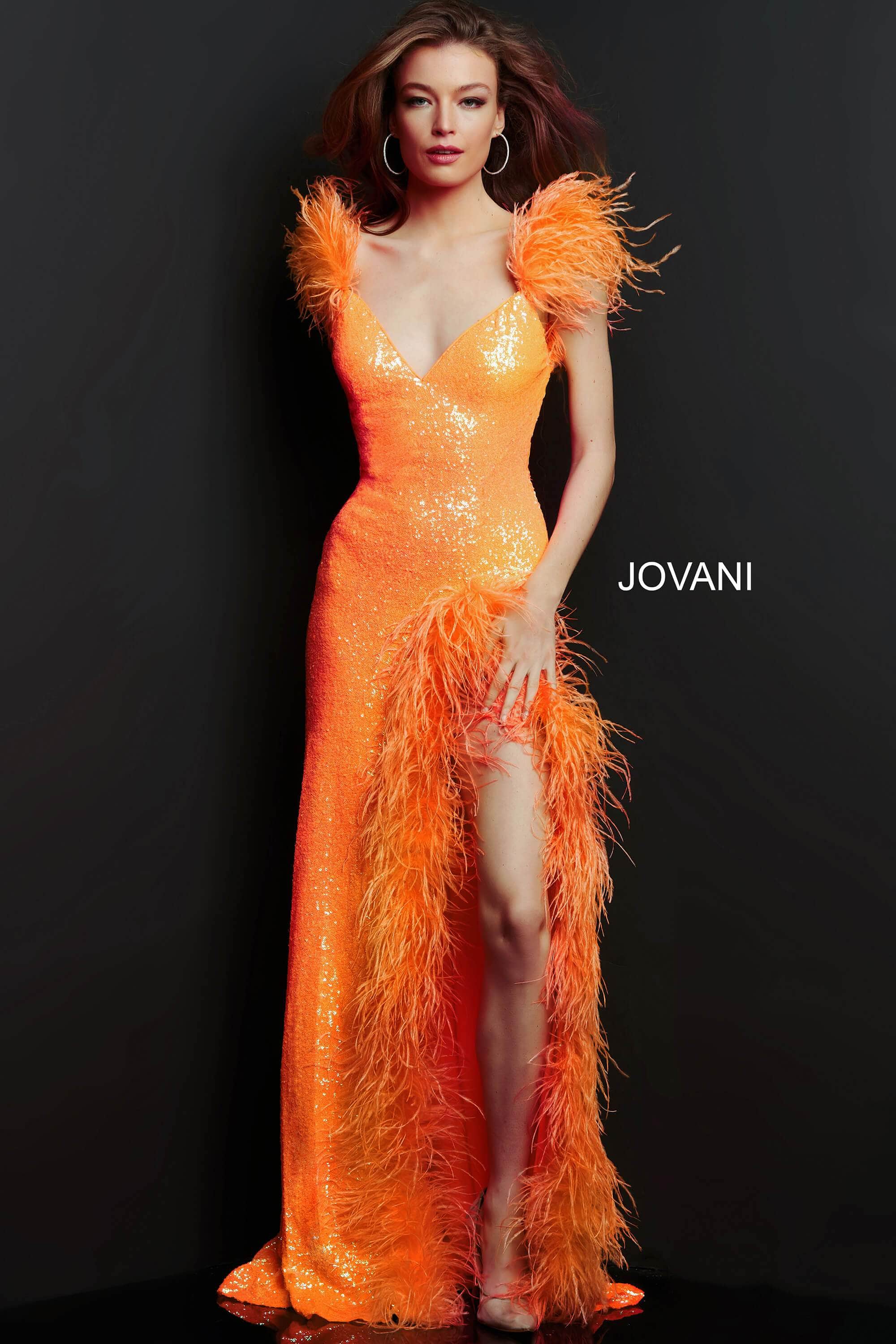 Jovani - 06164 Feather Trimmed High Slit Long Dress - view 9