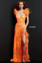 Jovani - 06164 Feather Trimmed High Slit Long Dress - view 9