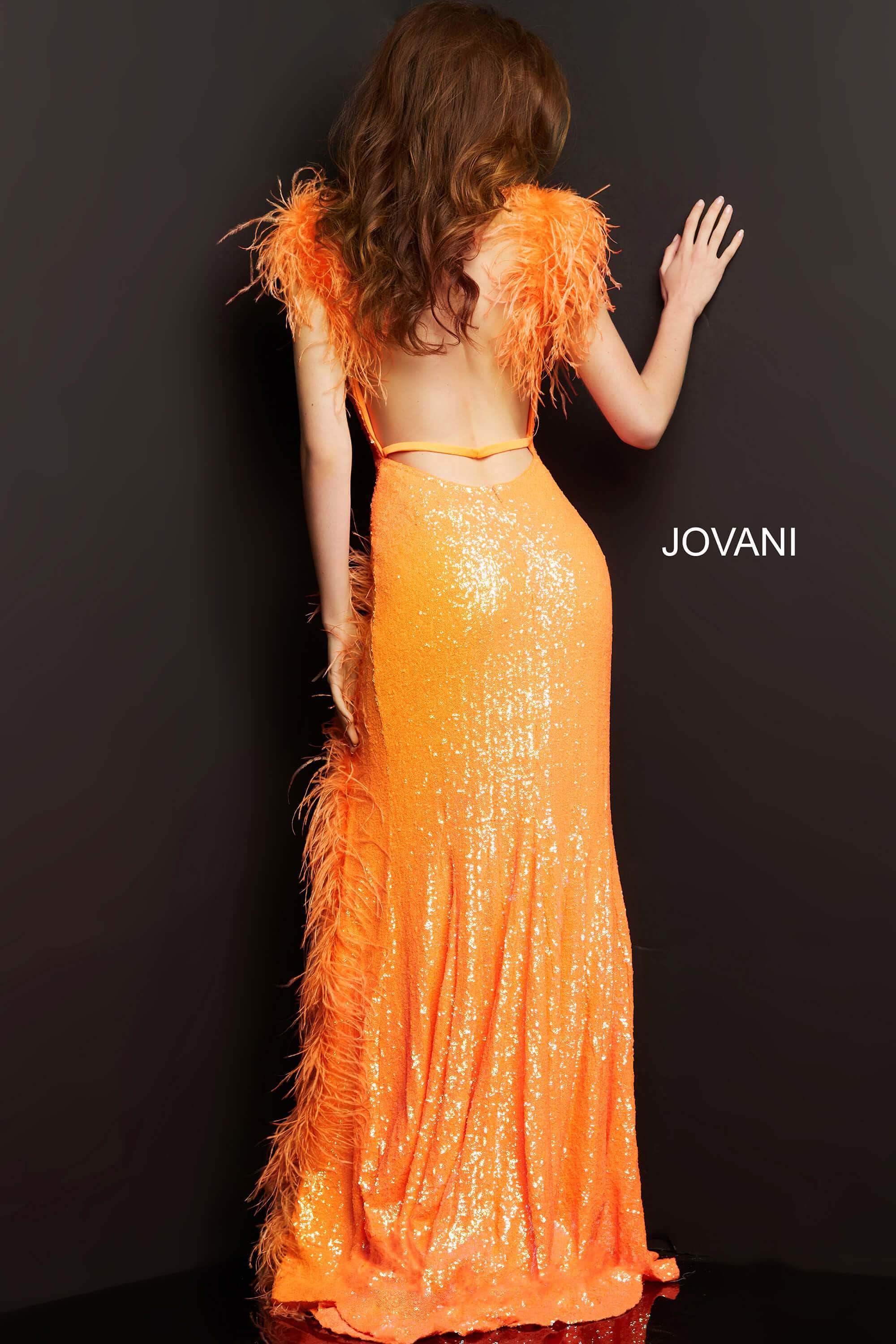 Jovani - 06164 Feather Trimmed High Slit Long Dress - view 11