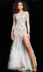 Jovani 06344 - Feather Skirt Bateau Evening Gown - designer evening gown at Silhouette Dresses