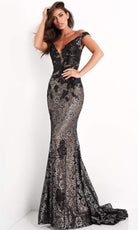 Jovani - 06437 Embroidered Deep Off Shoulder Sheath Dress - designer prom dress at Silhouette Dresses