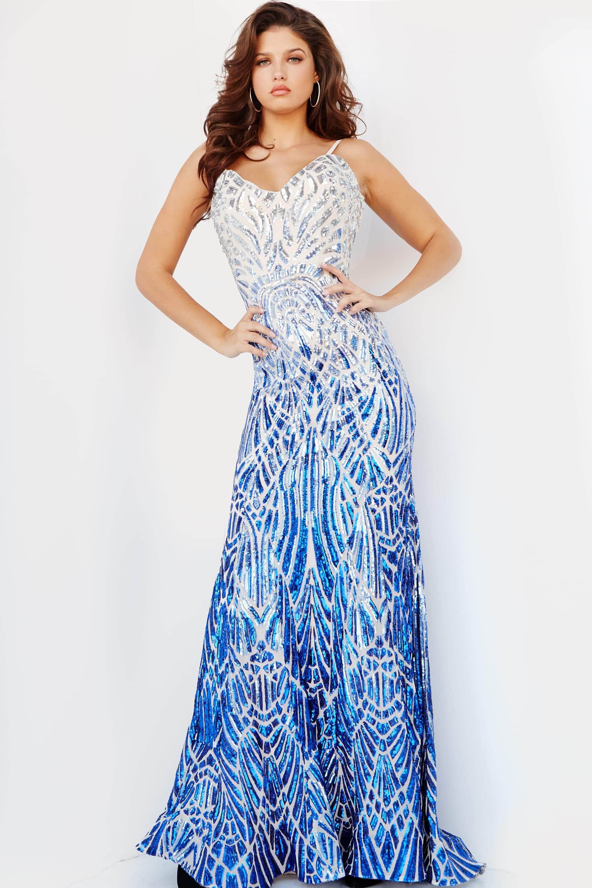 Jovani - 06450 Two Tone Sequined V Neck Trumpet Dress - view 5