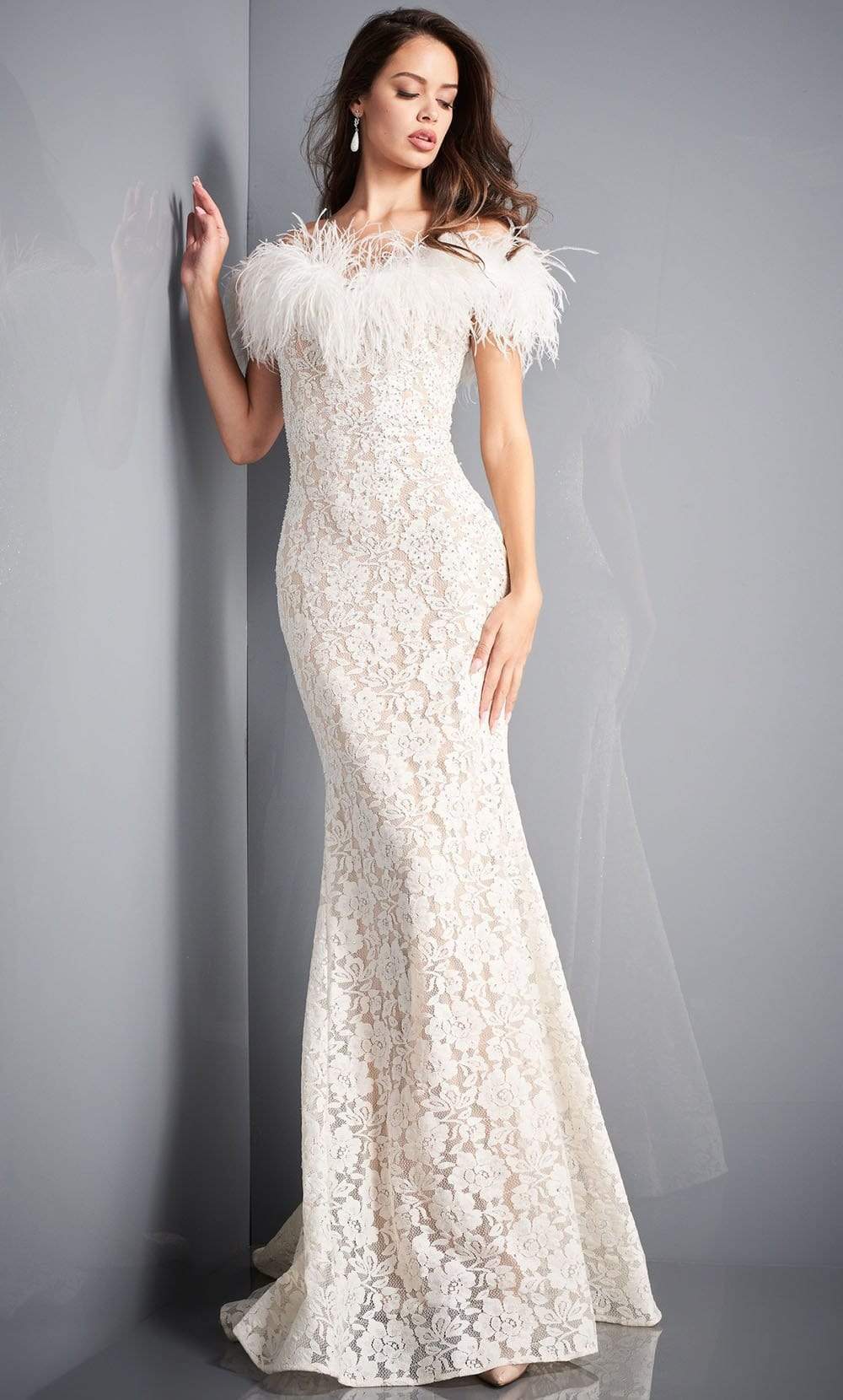 Jovani - 06451 Feather Off-Shoulder Allover Lace Mermaid Gown - back view