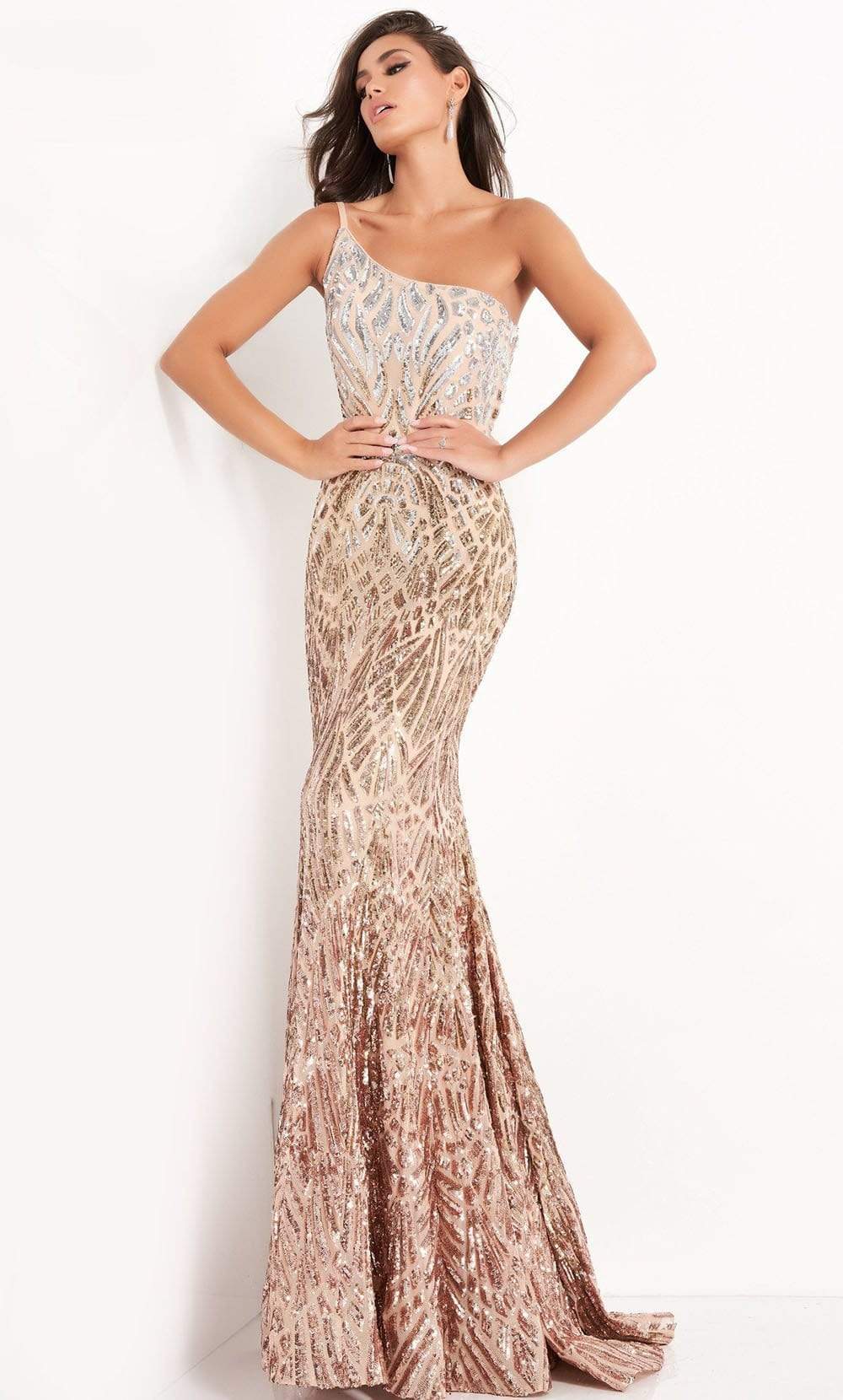Jovani - 06469 Sequined Modest Prom Trumpet Dress - back view