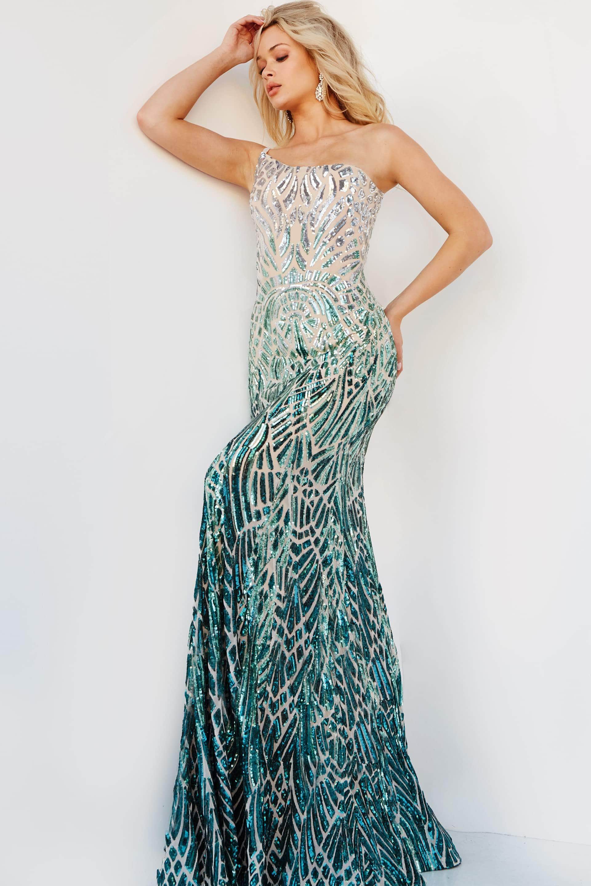 Jovani - 06469 Sequined Modest Prom Trumpet Dress - view 5