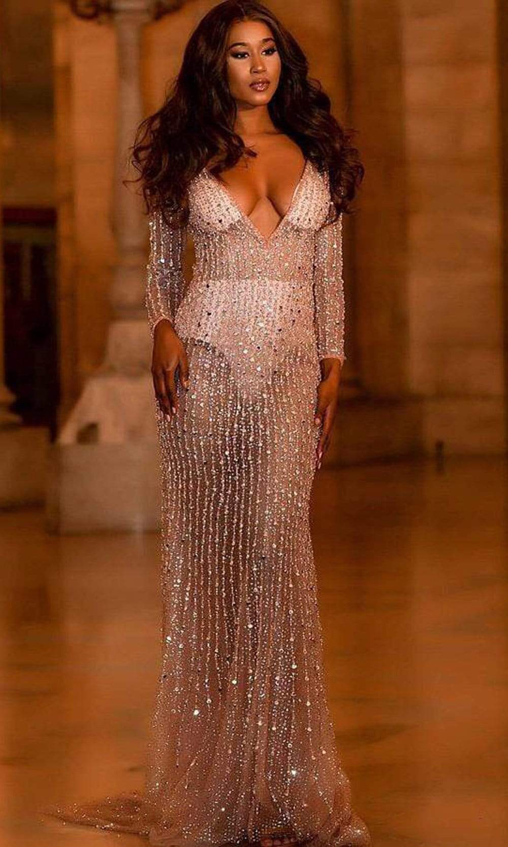 Jovani - 06559 See Through Bejeweled Plunging Gown - detail view