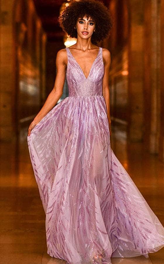 Jovani - 06687 Sequined Deep V-Neck A-Line Gown - back view