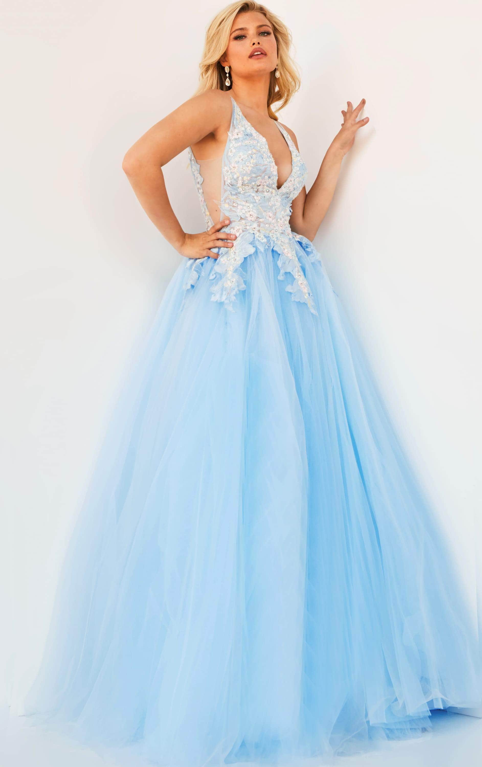 Jovani - 06808 Tulle V Neck and Back Ballgown - back view