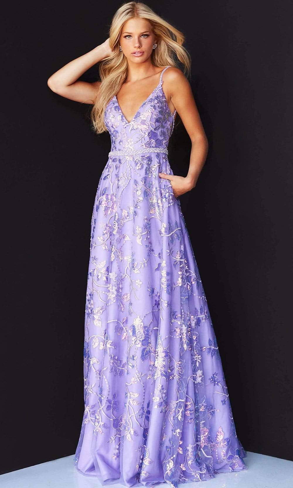 Jovani - 06814 V-Neck Floral Embroidered Dress - designer prom dress at Silhouette Dresses